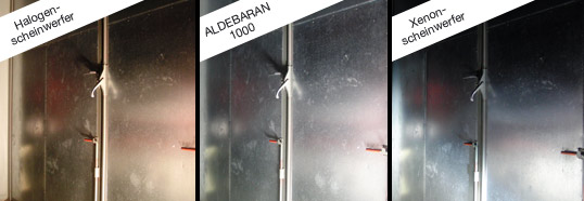 Die Farbtemperaturen unterschiedlicher Leuchtmittel: Ein Halogenscheinwerfer vom Rüstwagen (links), die ALDEBARAN Serie 1000 Handwerkerleuchte (mitte) und ein Xenon-Scheinwerfer vom Löschgruppenfahrzeug (rechts).